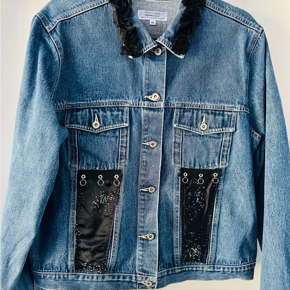 Repurposed Denim Jacket with Black Accents and metal chain trim